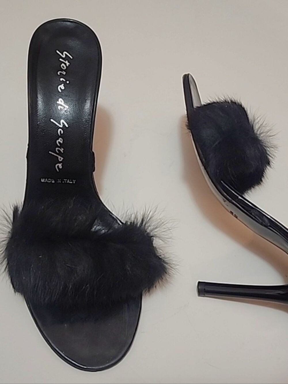 Black Genuine Leather Stilleto Mules Slides Genuine Fur Trim Size 38 N/M